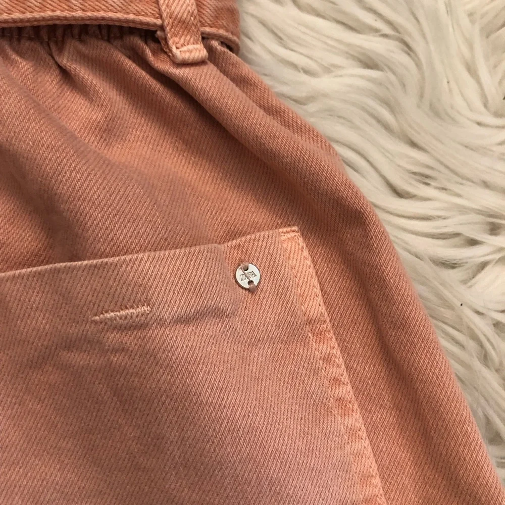 Zara High Waist Paperbag Pink Denim Womens Shorts with Belt size 2 (34)